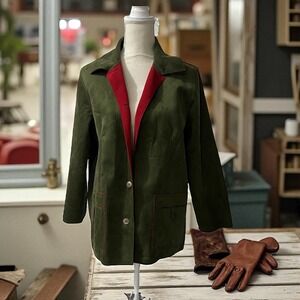 Holiday Green Blazer‎ Coat | Red Lined Festive Christmas Jacket Size 12 PETITE